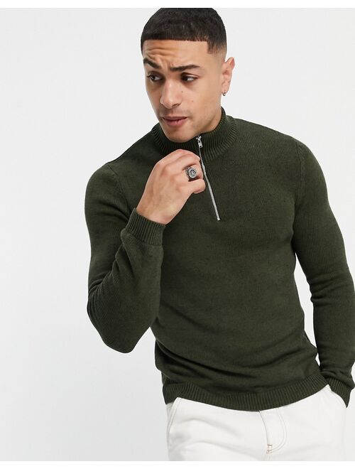 Asos Design midweight half zip cotton sweater in khaki