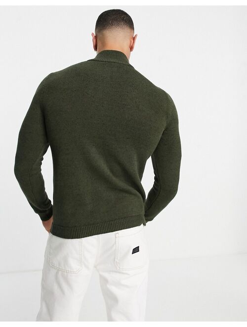 Asos Design midweight half zip cotton sweater in khaki