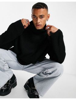 knitted oversized funnel neck sweater in black