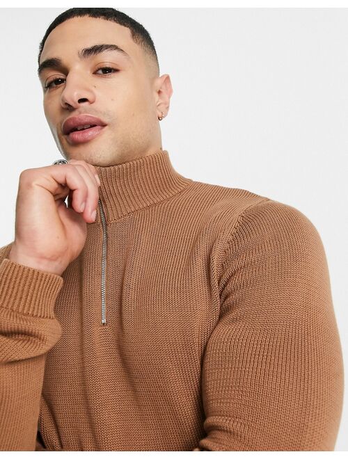 Asos Design midweight half zip cotton sweater in brown