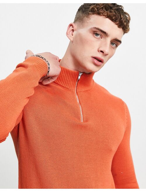 Asos Design midweight half zip cotton sweater in burnt orange