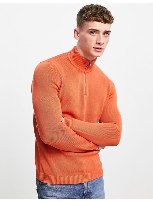 Asos Design midweight half zip cotton sweater in burnt orange