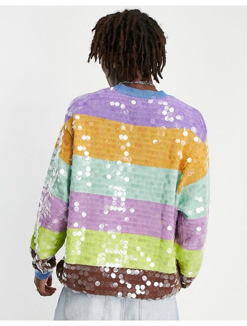 Asos Design knit rainbow stripe sweater with all-over sequins