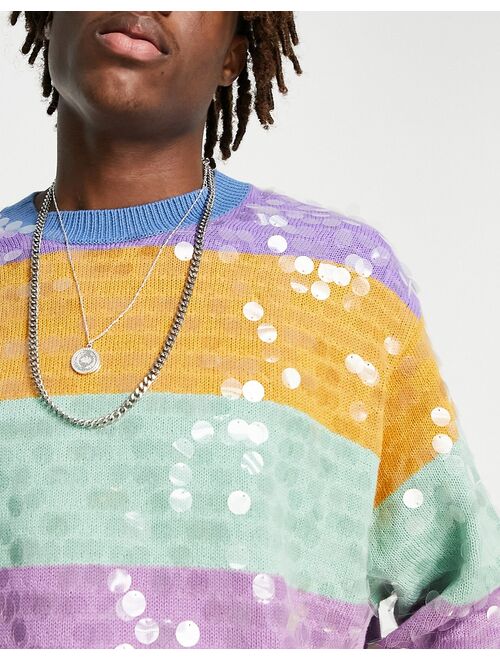 Asos Design knit rainbow stripe sweater with all-over sequins