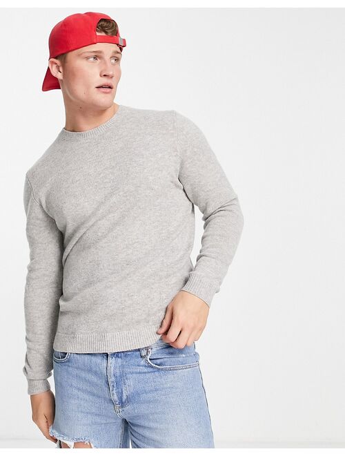 Asos Design lambswool crew neck sweater in light gray