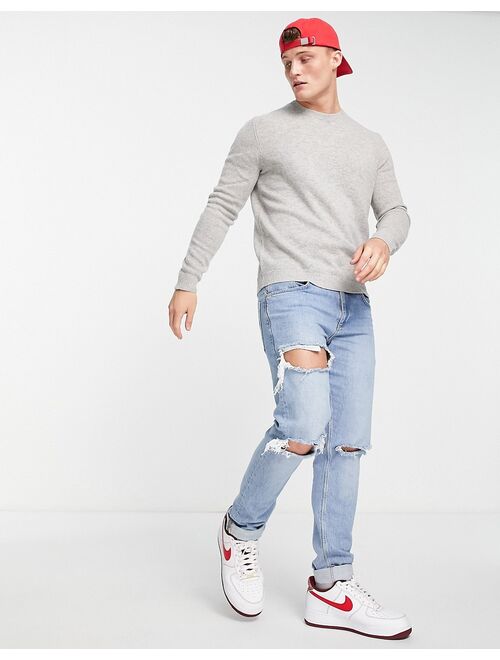 Asos Design lambswool crew neck sweater in light gray