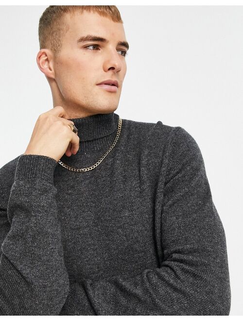 Asos Design lambswool roll neck sweater in charcoal