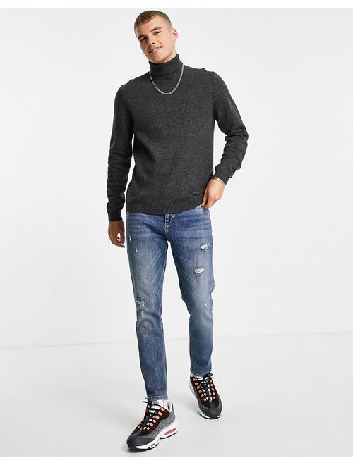 Asos Design lambswool roll neck sweater in charcoal