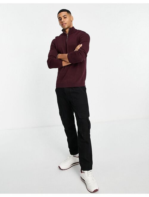 Asos Design midweight half zip cotton sweater in burgundy