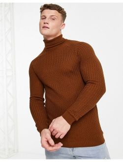 muscle fit textured knit roll neck sweater in brown