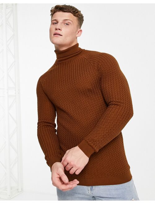 Asos Design muscle fit textured knit roll neck sweater in brown