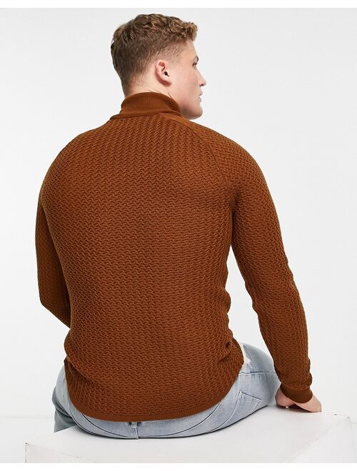 Asos Design muscle fit textured knit roll neck sweater in brown