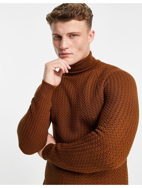 Asos Design muscle fit textured knit roll neck sweater in brown