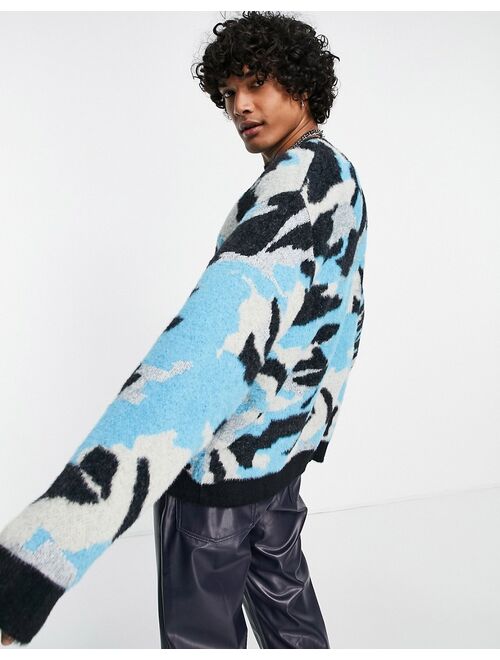 Asos Design knitted plush yarn camo sweater in blue