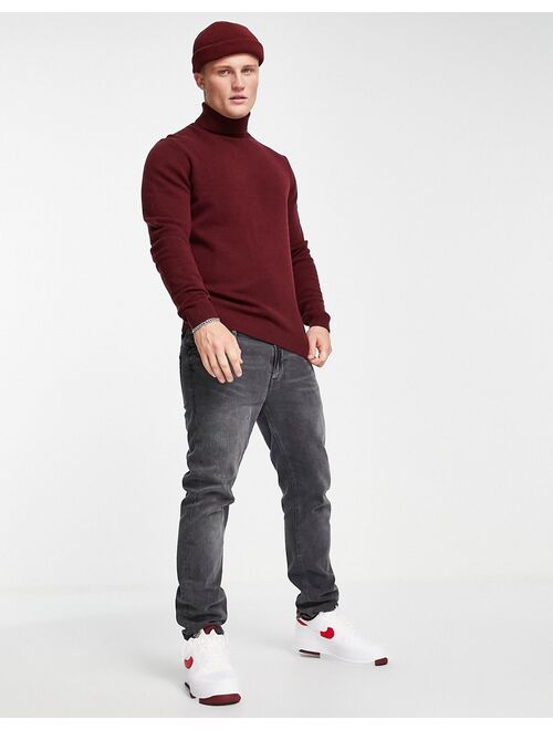 Asos Design lambswool roll neck sweater in burgundy