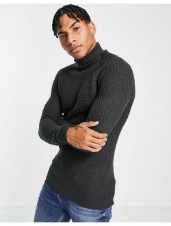 muscle fit textured knit turtle neck sweater in charcoal