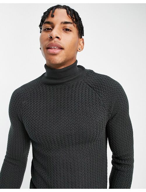 Asos Design muscle fit textured knit turtle neck sweater in charcoal