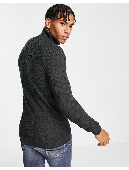 Asos Design muscle fit textured knit turtle neck sweater in charcoal