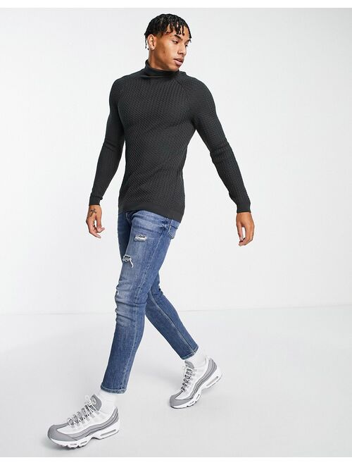 Asos Design muscle fit textured knit turtle neck sweater in charcoal