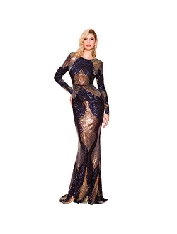 Miss ord Women Long Sleeve Backless Sequin Gown Female Maxi Elegant Dress