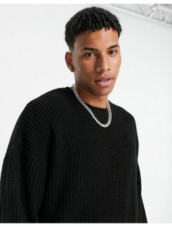 knit oversized fisherman ribbed sweater in black