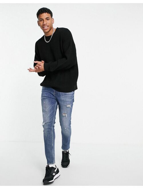 Asos Design knit oversized fisherman ribbed sweater in black