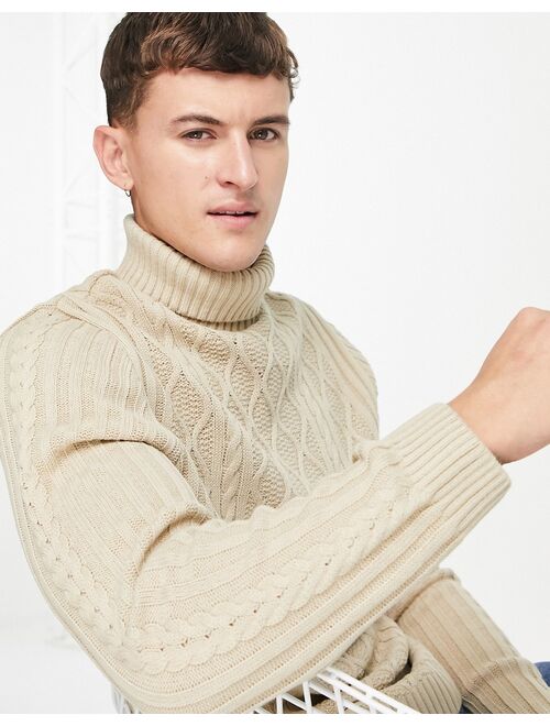 Asos Design cable knit roll neck sweater in beige