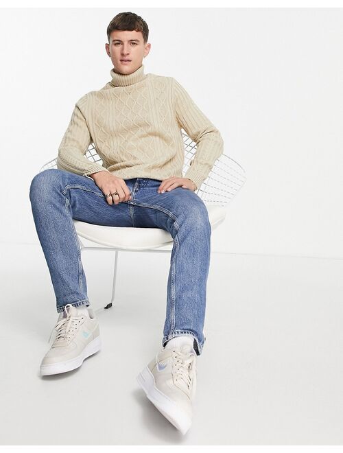 Asos Design cable knit roll neck sweater in beige