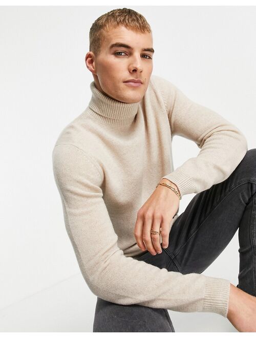 Asos Design lambswool roll neck sweater in oatmeal