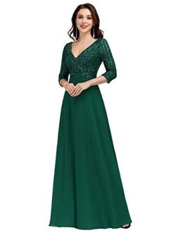 Women's Elegant V-Neck Long Sleeve Sequin Evening Party Dress 0751