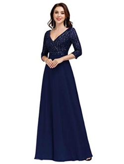 Women's Elegant V-Neck Long Sleeve Sequin Evening Party Dress 0751