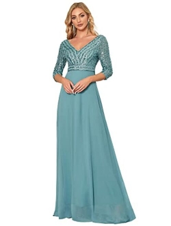Women's Elegant V-Neck Long Sleeve Sequin Evening Party Dress 0751