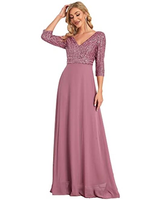 Ever-Pretty Women's Elegant V-Neck Long Sleeve Sequin Evening Party Dress 0751