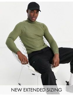 muscle fit textured knit turtle neck sweater in khaki