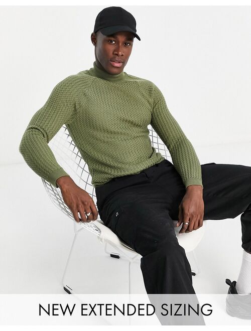 Asos Design muscle fit textured knit turtle neck sweater in khaki