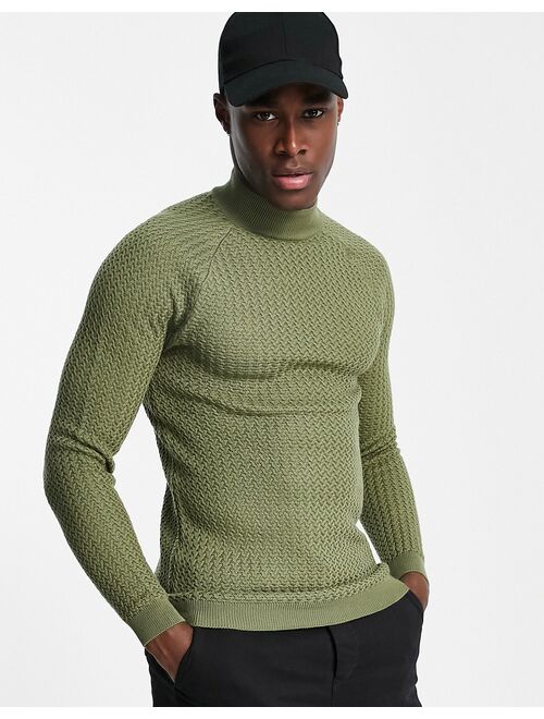 Asos Design muscle fit textured knit turtle neck sweater in khaki