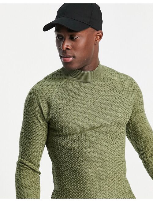 Asos Design muscle fit textured knit turtle neck sweater in khaki