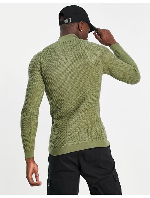 Asos Design muscle fit textured knit turtle neck sweater in khaki