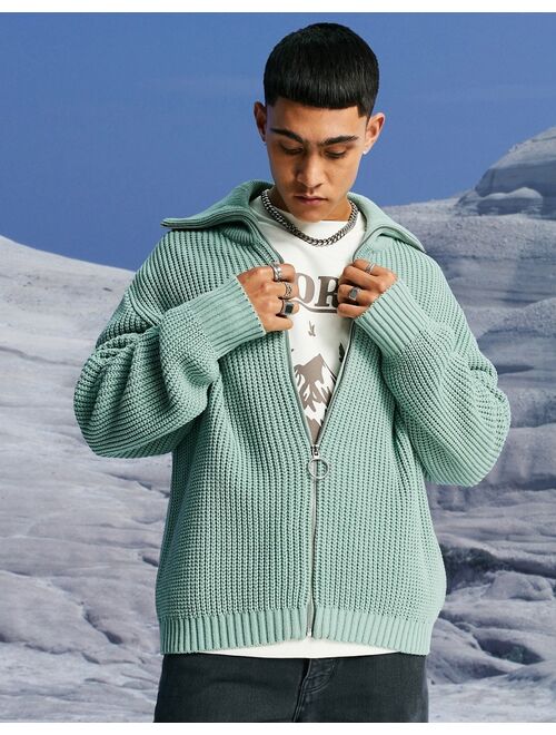 Asos Design knitted oversized fisherman rib zip through sweater in mint