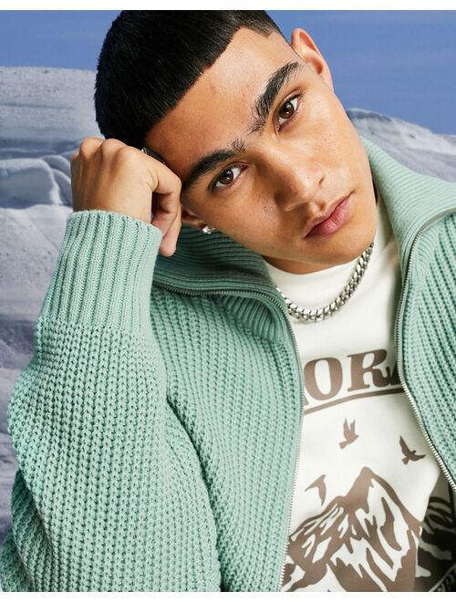 Asos Design knitted oversized fisherman rib zip through sweater in mint