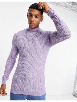 muscle fit textured knit turtle neck sweater in purple