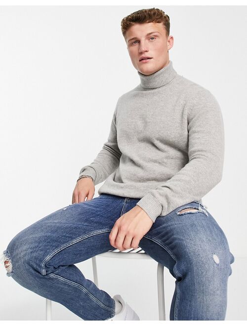 Asos Design lambswool roll neck sweater in light gray