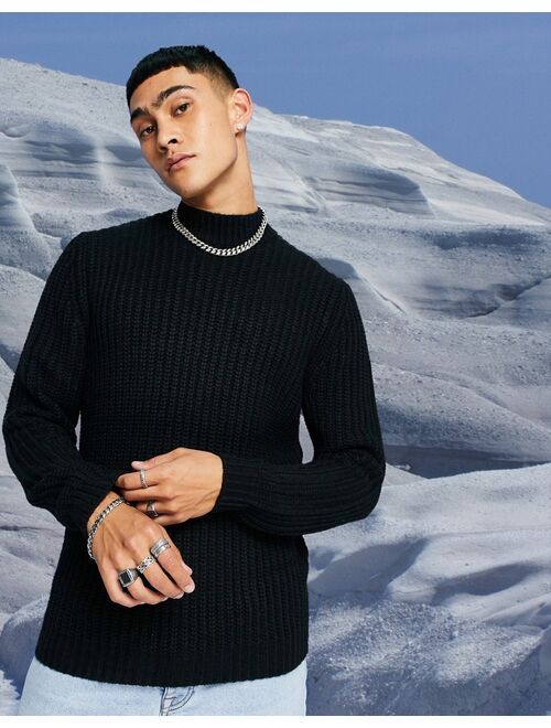 Asos Design heavyweight fisherman rib turtleneck sweater in black