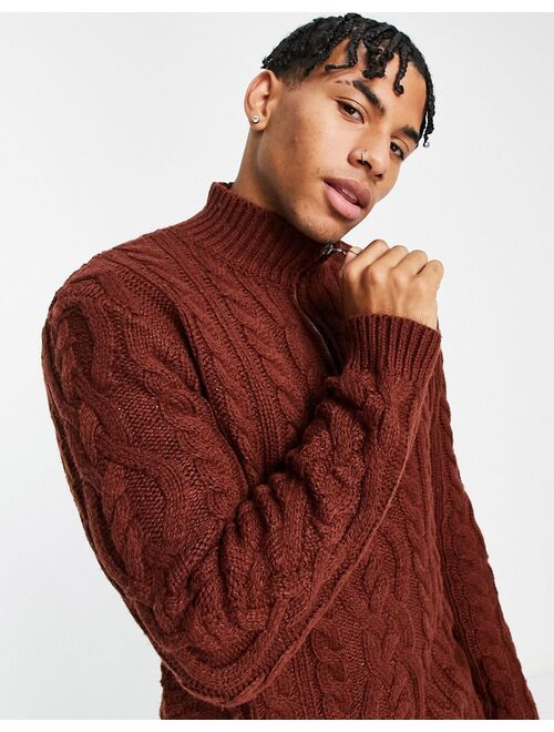 Asos Design heavyweight cable knit half zip sweater in auburn