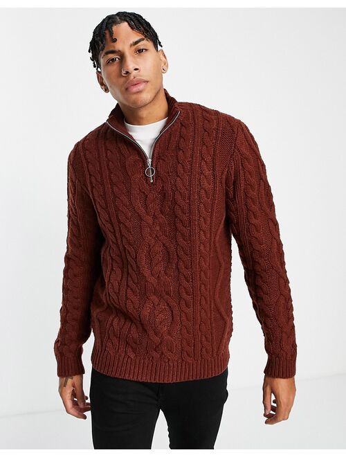 Asos Design heavyweight cable knit half zip sweater in auburn