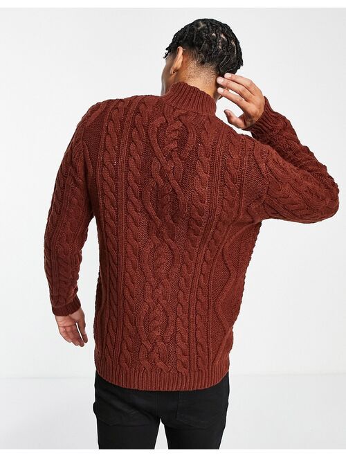 Asos Design heavyweight cable knit half zip sweater in auburn