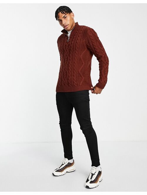 Asos Design heavyweight cable knit half zip sweater in auburn