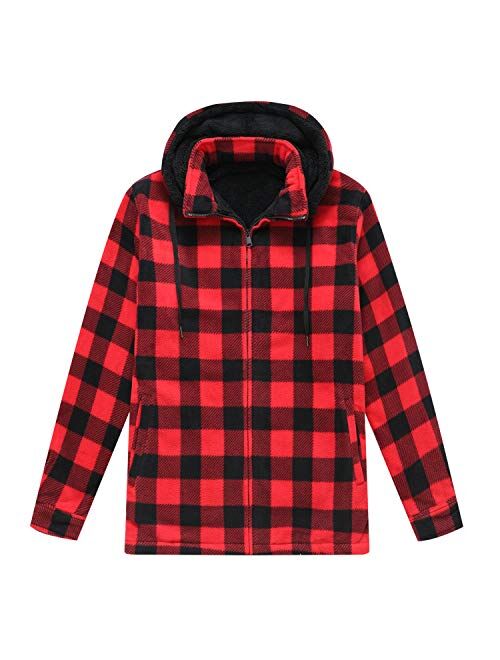 ZENTHACE Men's Sherpa Lined Fleece Flannel Plaid Shirt Jacket with Removable Hood