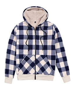 ZENTHACE Women's Sherpa Lined Zip Up Hooded Plaid Shirt Jac Sweater Jacket