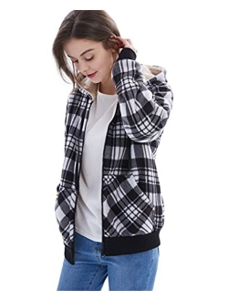 ZENTHACE Women's Sherpa Lined Zip Up Hooded Plaid Shirt Jac Sweater Jacket